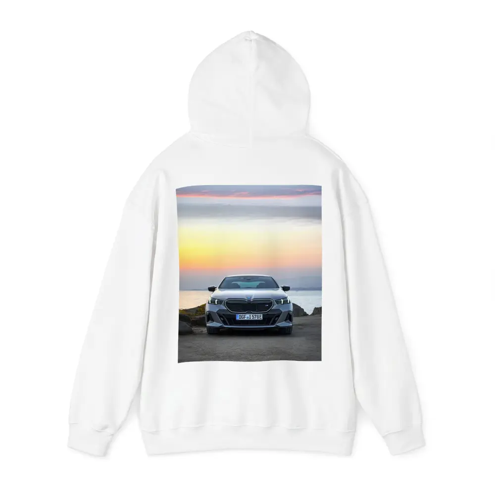 BMW i5 M60 Sunset Coastal Front View – Hoodies