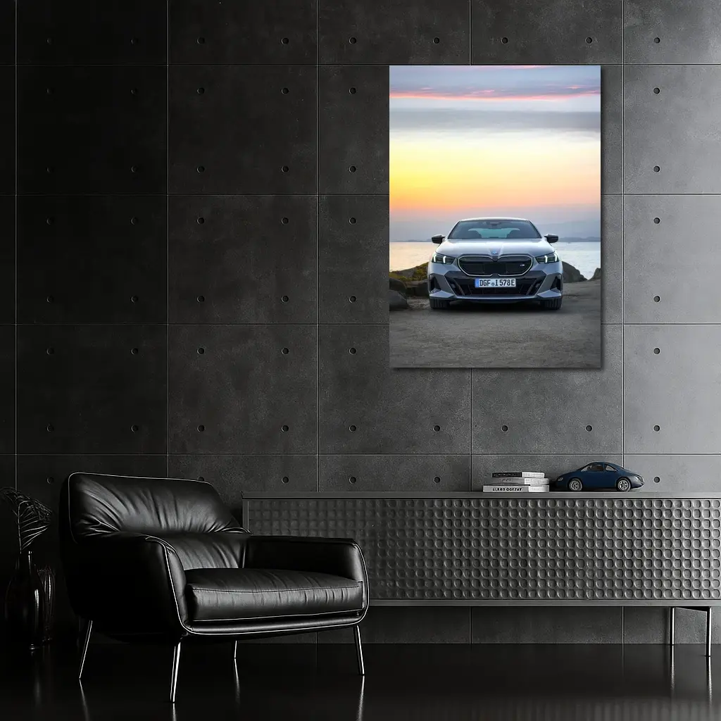 BMW i5 M60 Sunset Coastal Front View – Wall Art