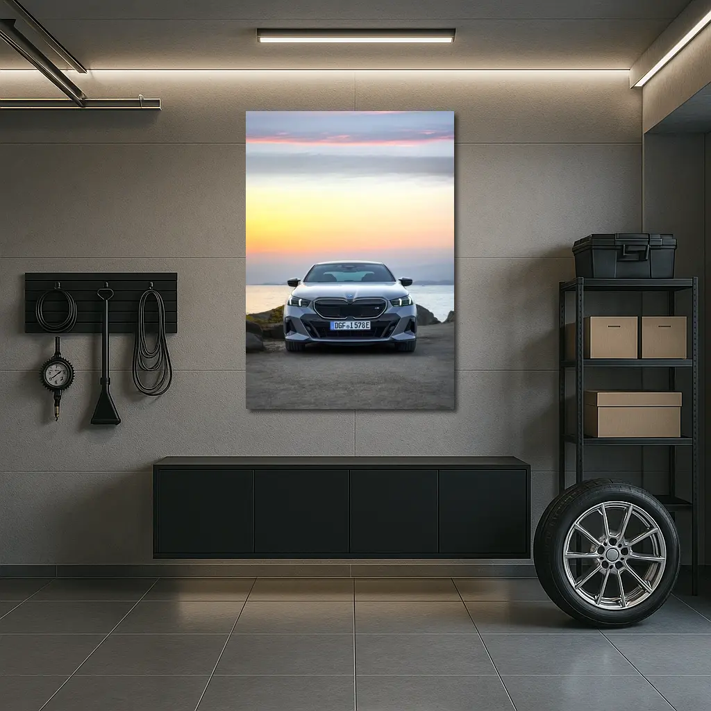 BMW i5 M60 Sunset Coastal Front View – Wall Art