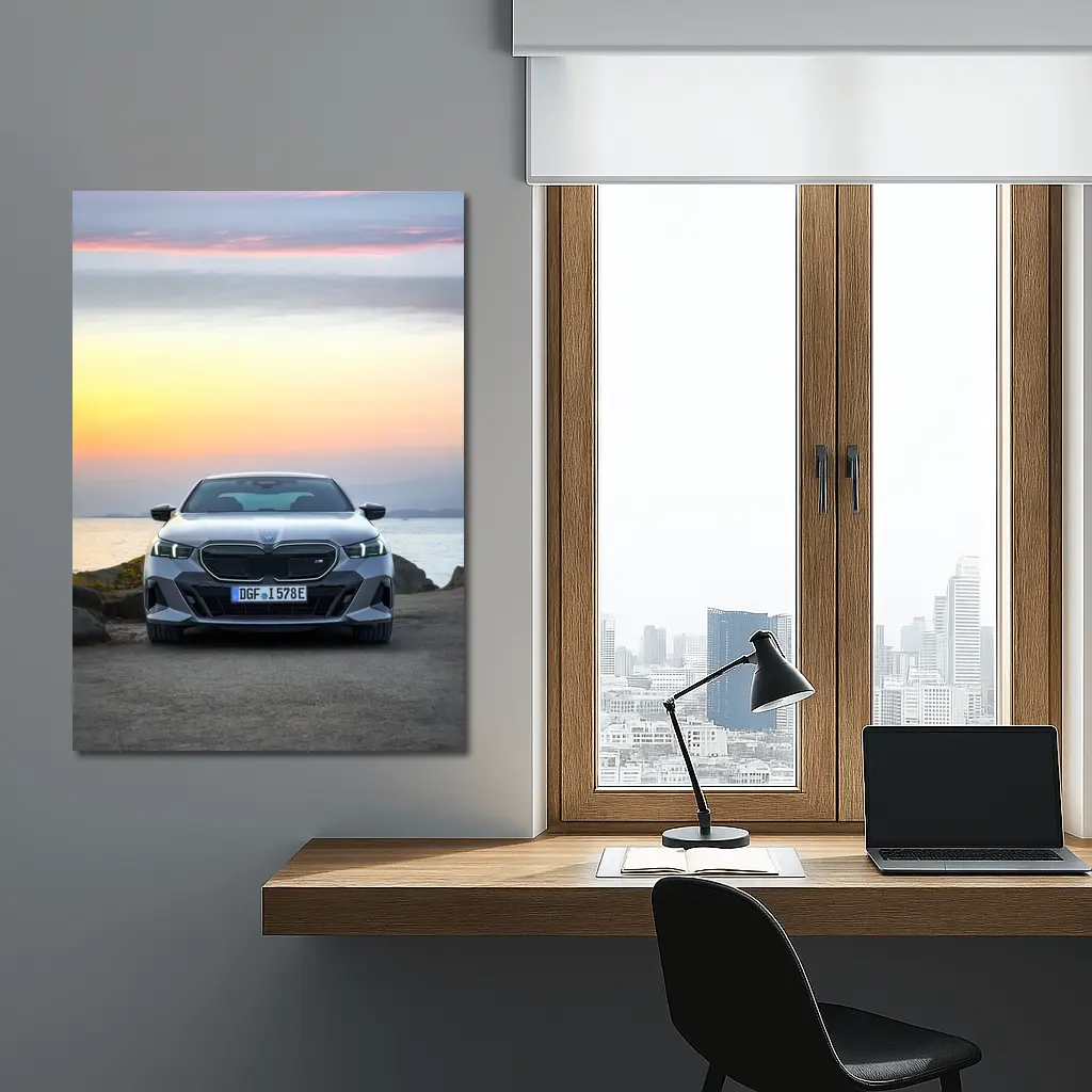 BMW i5 M60 Sunset Coastal Front View – Wall Art