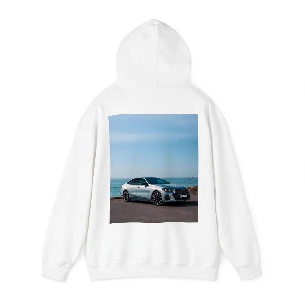 BMW i5 Sedan Parked by the Ocean – Hoodies
