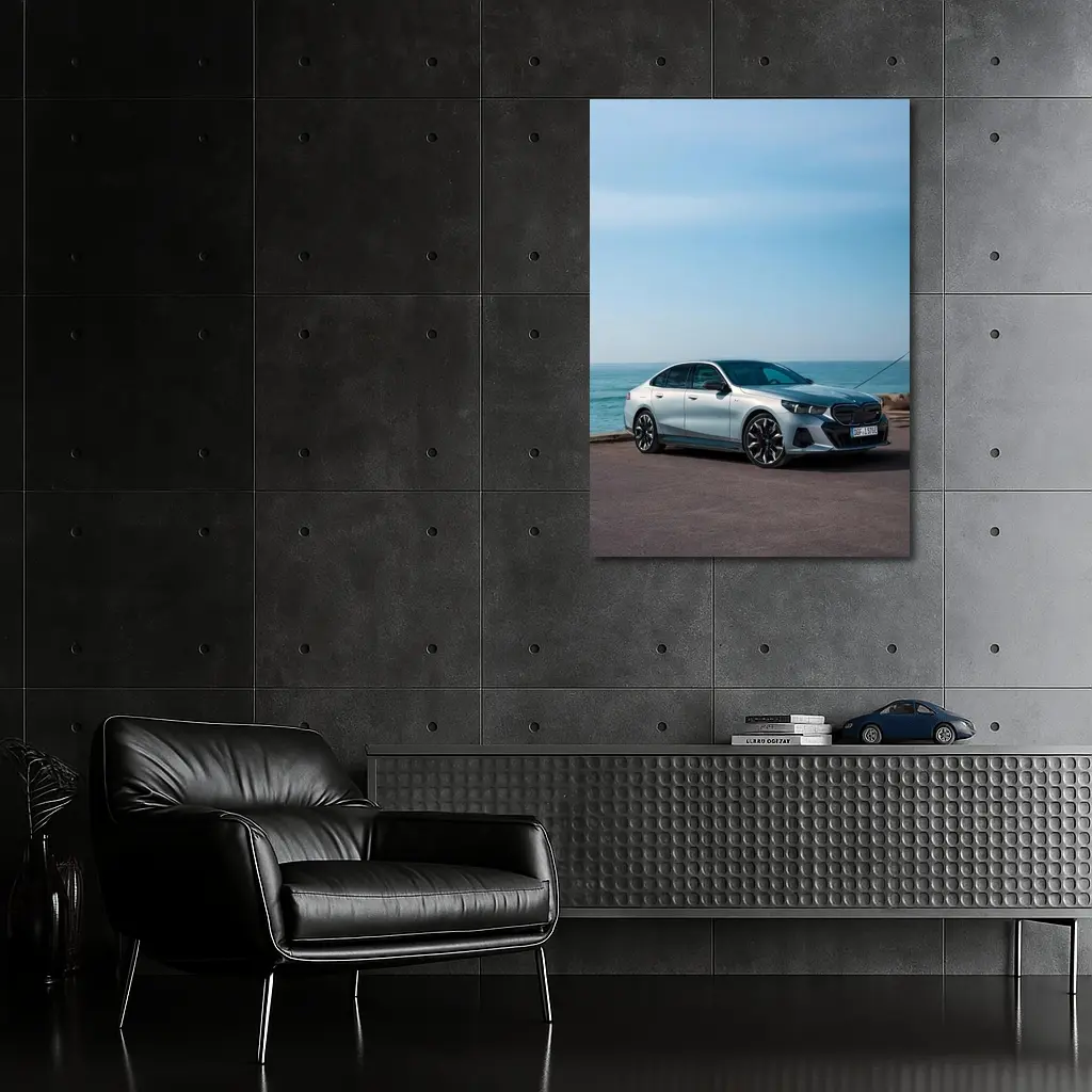 BMW i5 Sedan Parked by the Ocean – Wall Art