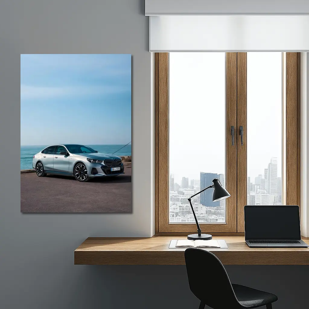BMW i5 Sedan Parked by the Ocean – Wall Art