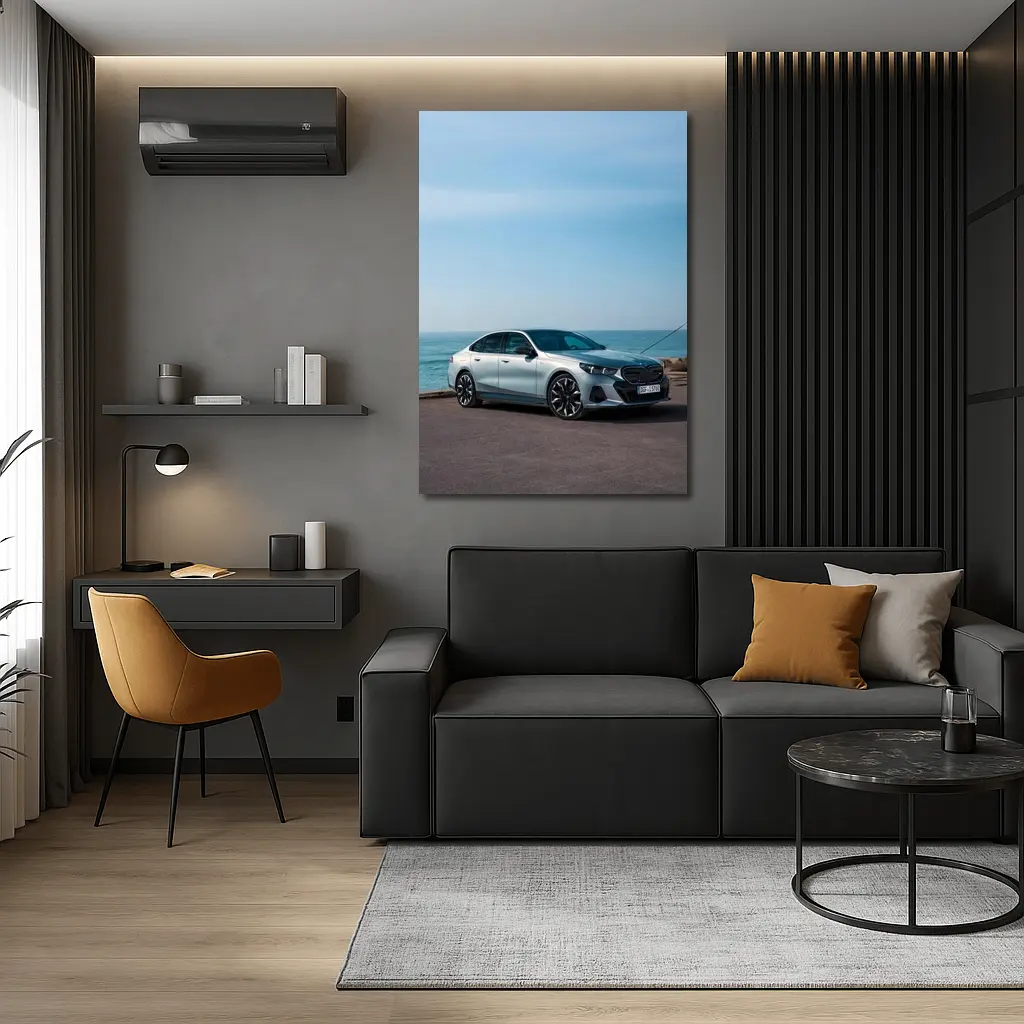 BMW i5 Sedan Parked by the Ocean – Wall Art