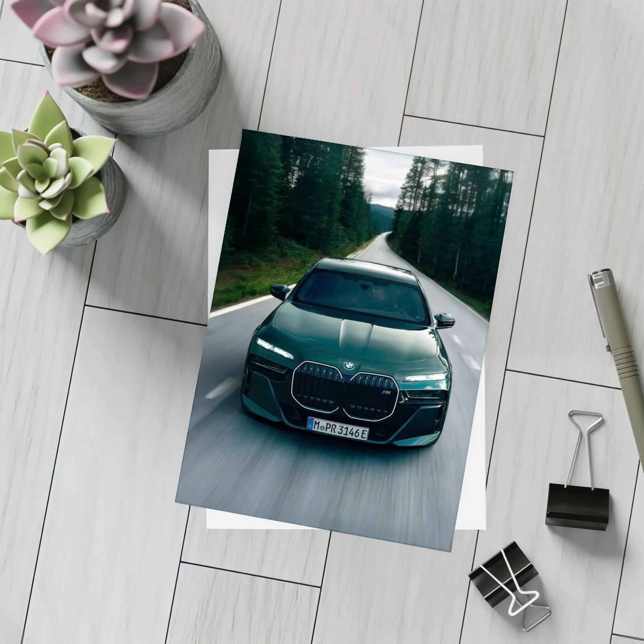 BMW i7 M70 Dark Green Forest Road – Postcards