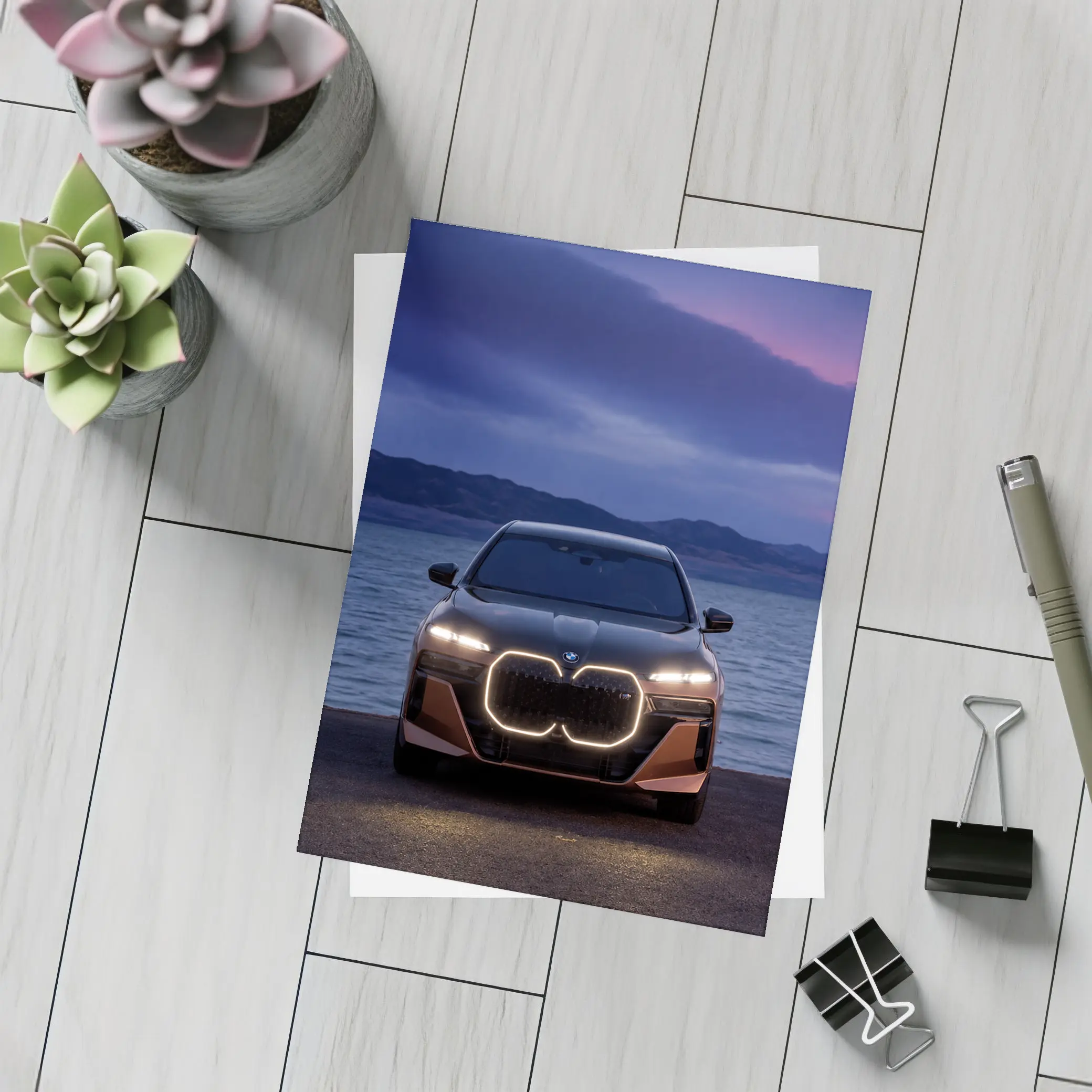 BMW iX Front View Dusk Lakeside – Postcards