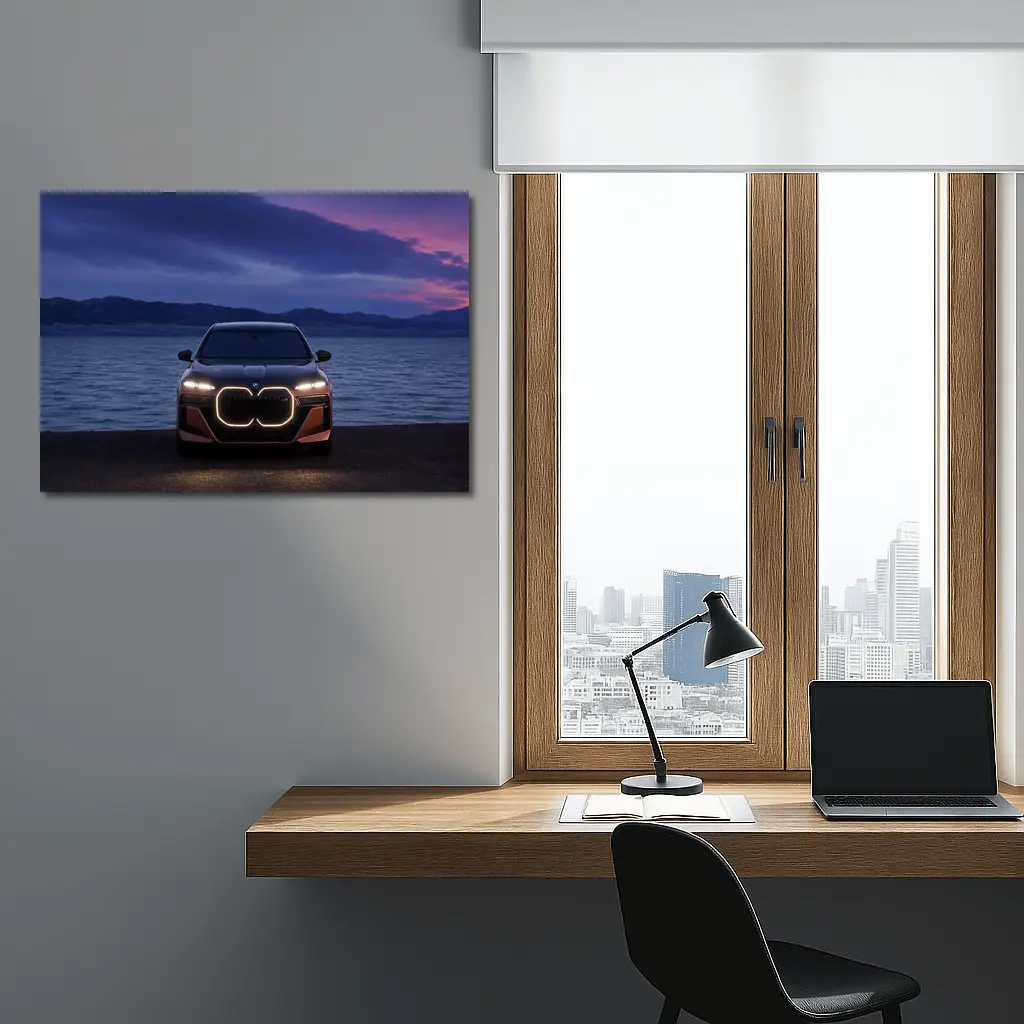 BMW iX Front View Dusk Lakeside – Wall Art