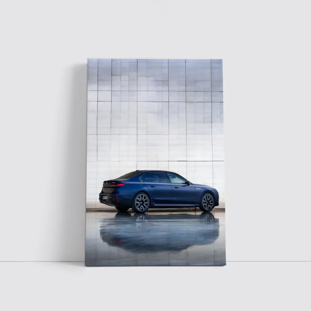 BMW i7 Blue Sedan Against Silver Wall – Wall Art