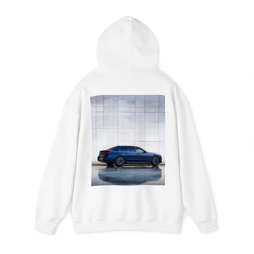 BMW i7 Blue Sedan Against Silver Wall – Hoodies