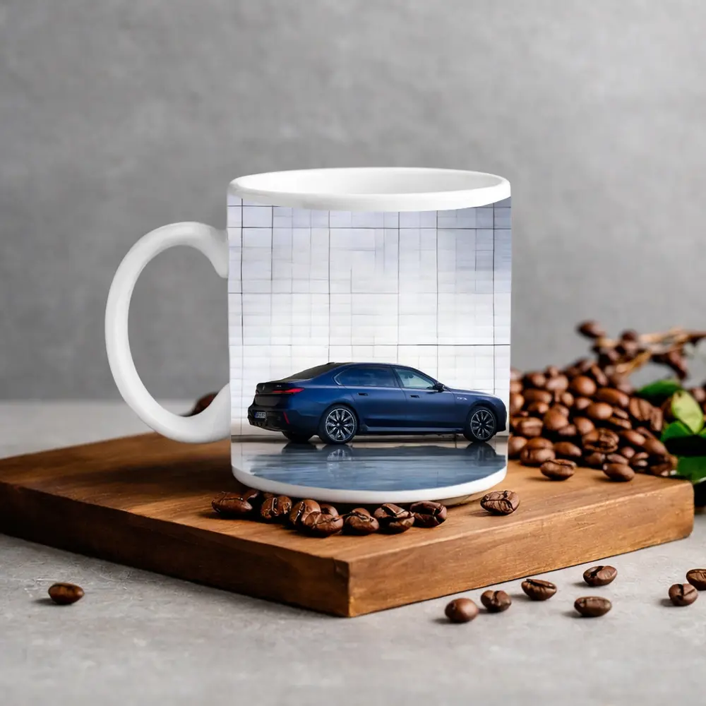 BMW i7 Blue Sedan Against Silver Wall – Mugs