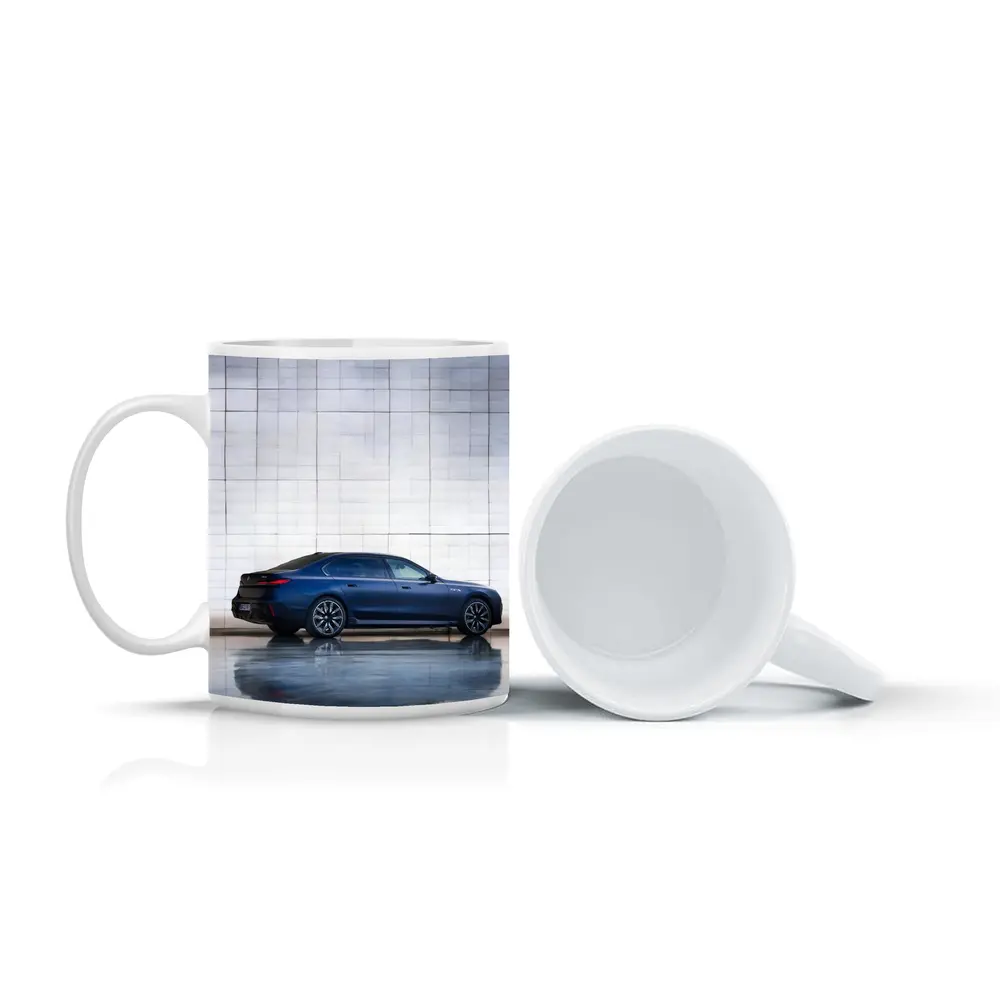 BMW i7 Blue Sedan Against Silver Wall – Mugs
