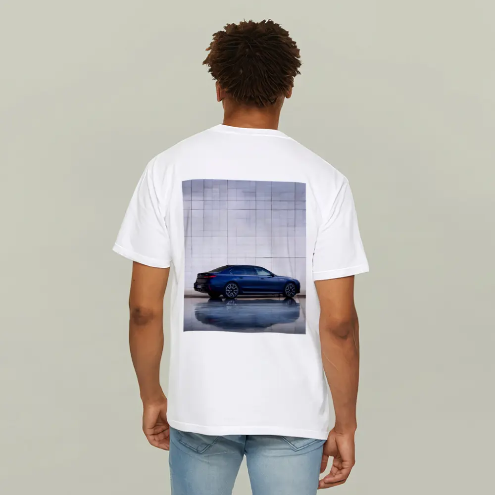 BMW i7 Blue Sedan Against Silver Wall – T-Shirts