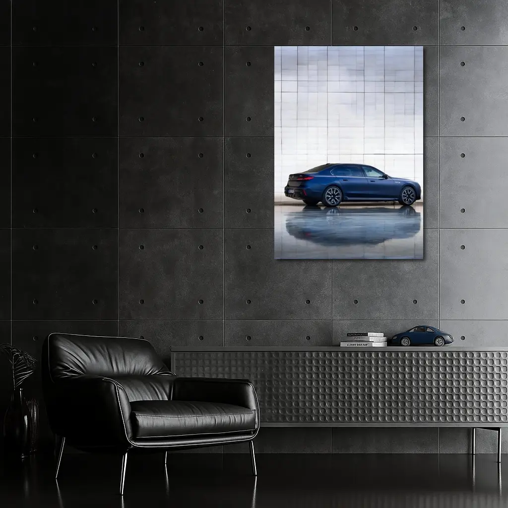 BMW i7 Blue Sedan Against Silver Wall – Wall Art