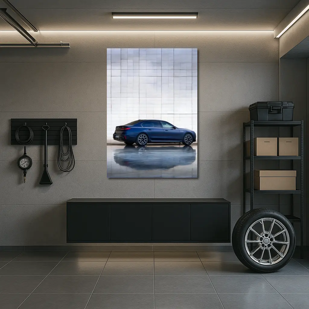 BMW i7 Blue Sedan Against Silver Wall – Wall Art
