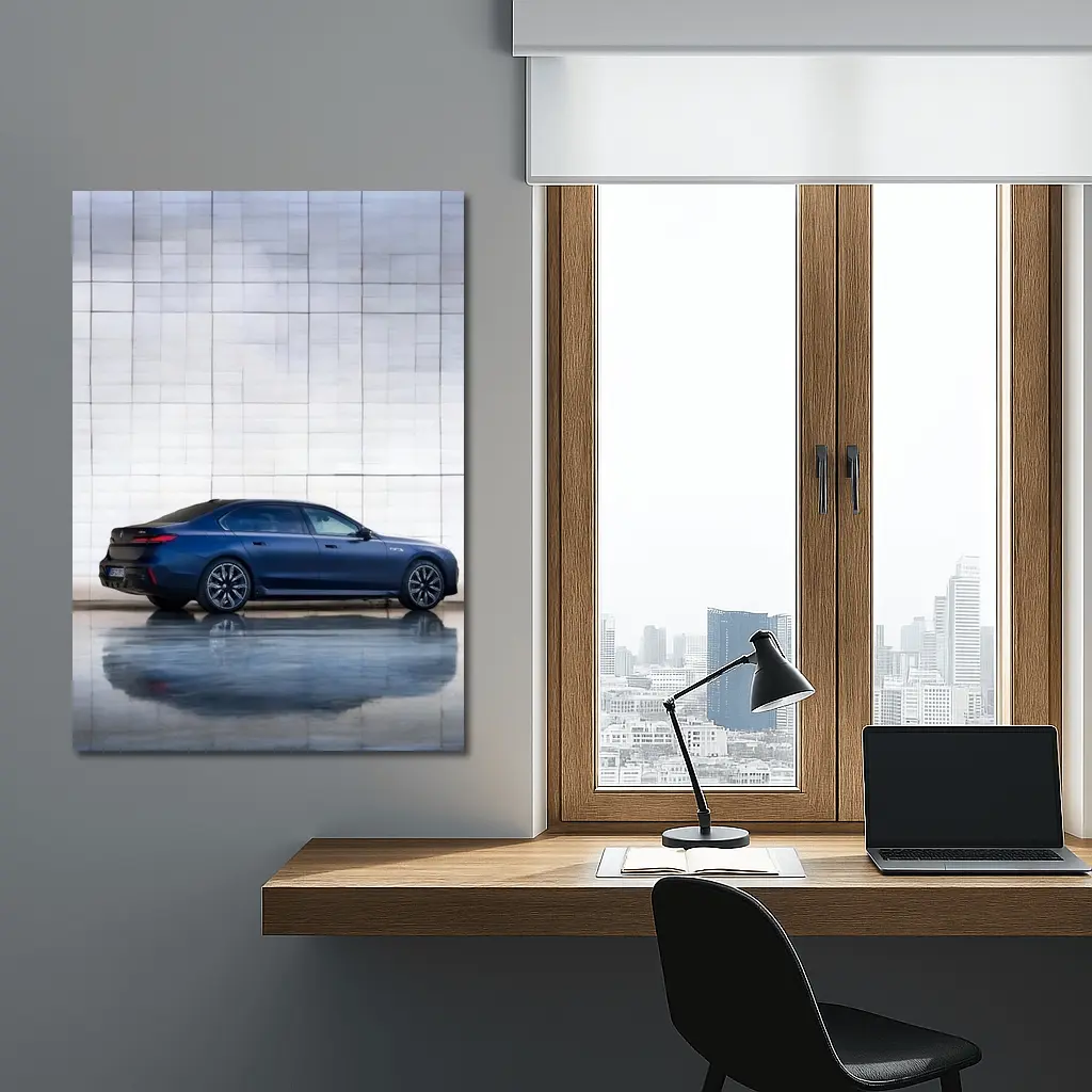 BMW i7 Blue Sedan Against Silver Wall – Wall Art