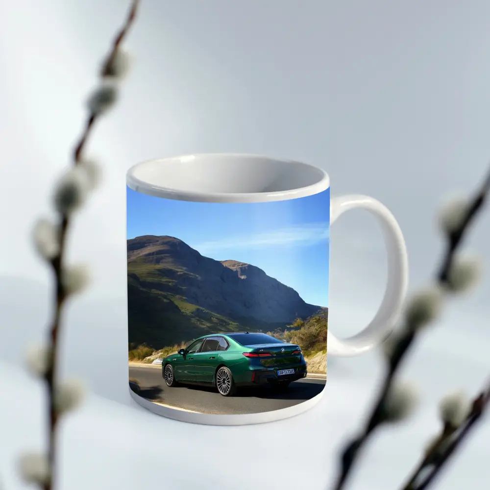 BMW i7 Green Sedan Mountain Road Drive – Mugs