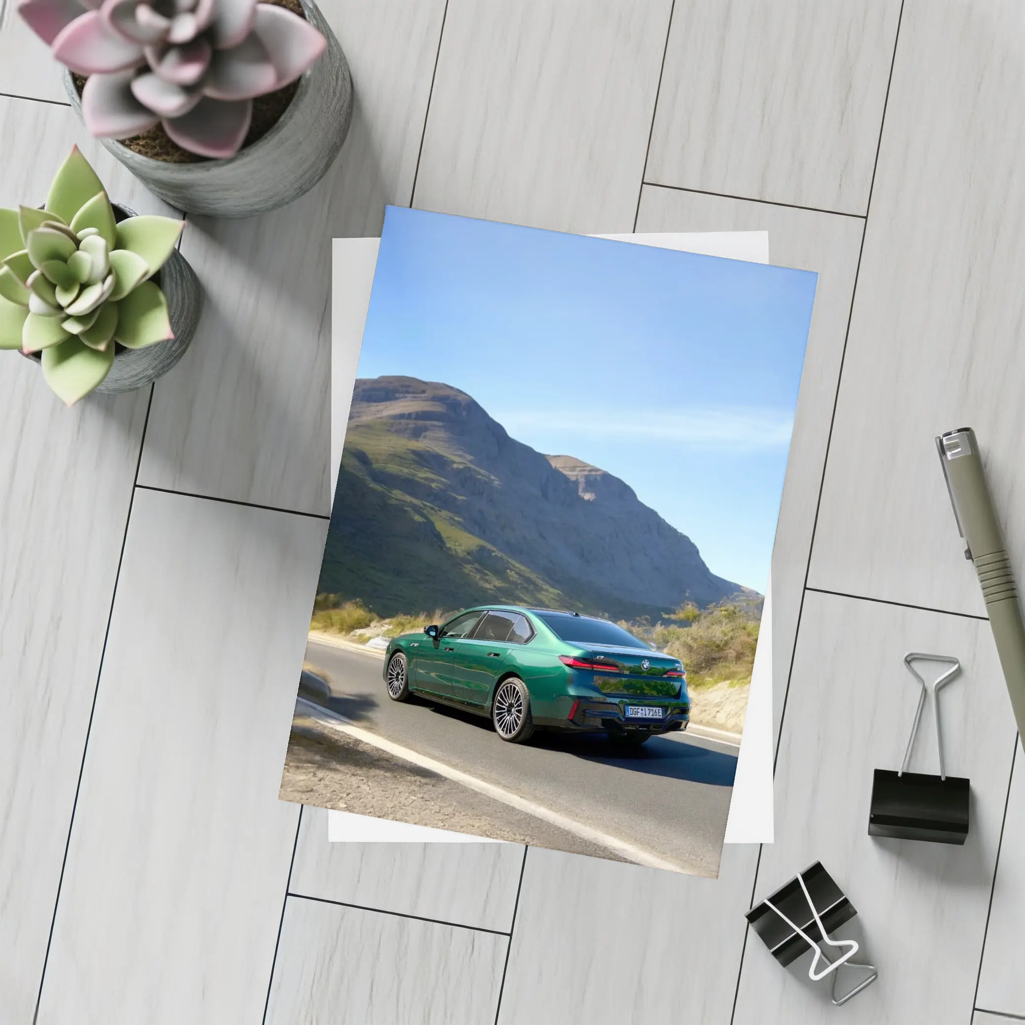 BMW i7 Green Sedan Mountain Road Drive – Postcards