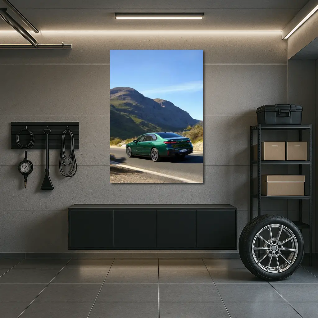 BMW i7 Green Sedan Mountain Road Drive – Wall Art