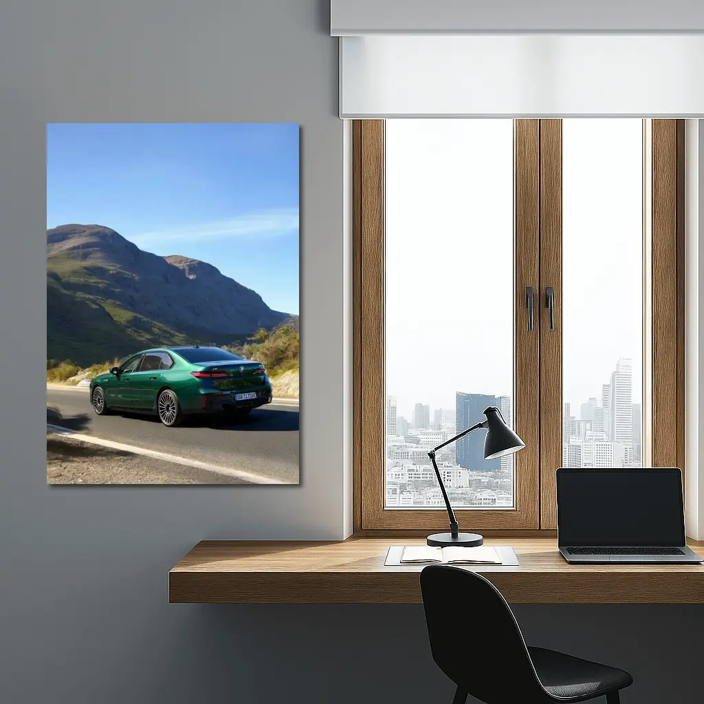 BMW i7 Green Sedan Mountain Road Drive – Wall Art