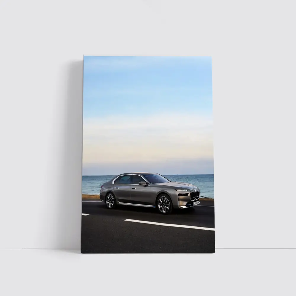 BMW i7 Gray Sedan by the Ocean – Wall Art