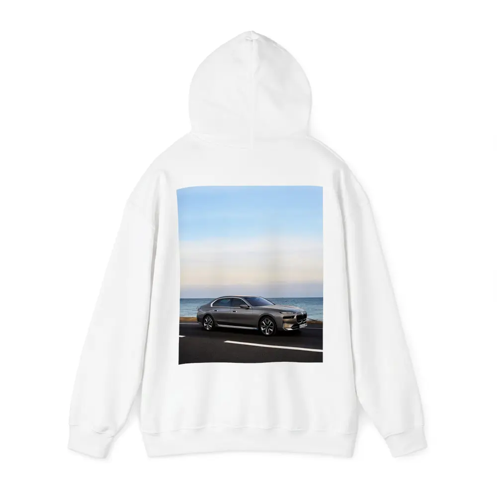 BMW i7 Gray Sedan by the Ocean – Hoodies