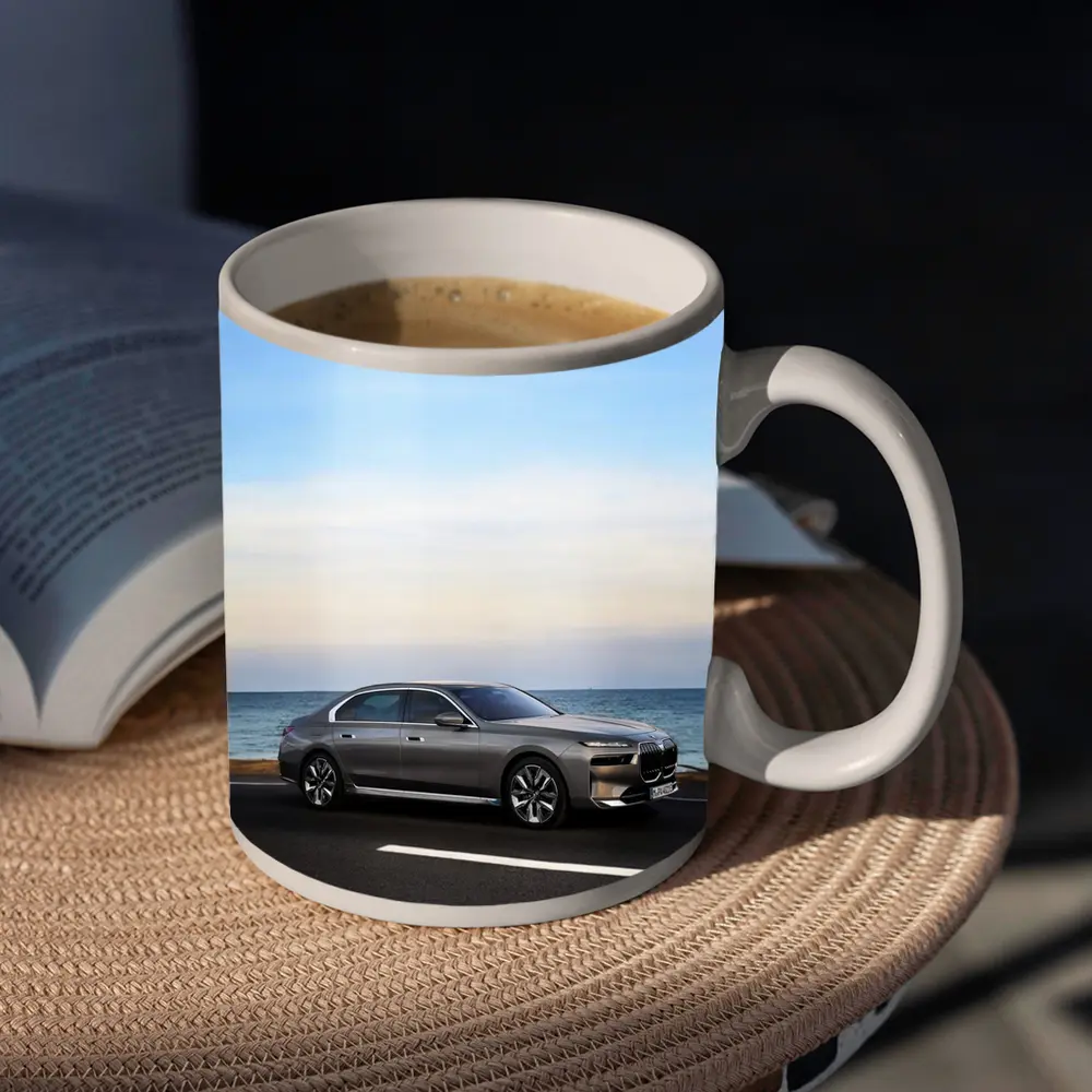 BMW i7 Gray Sedan by the Ocean – Mugs
