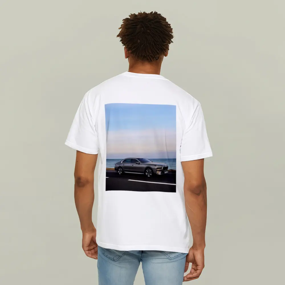 BMW i7 Gray Sedan by the Ocean – T-Shirts