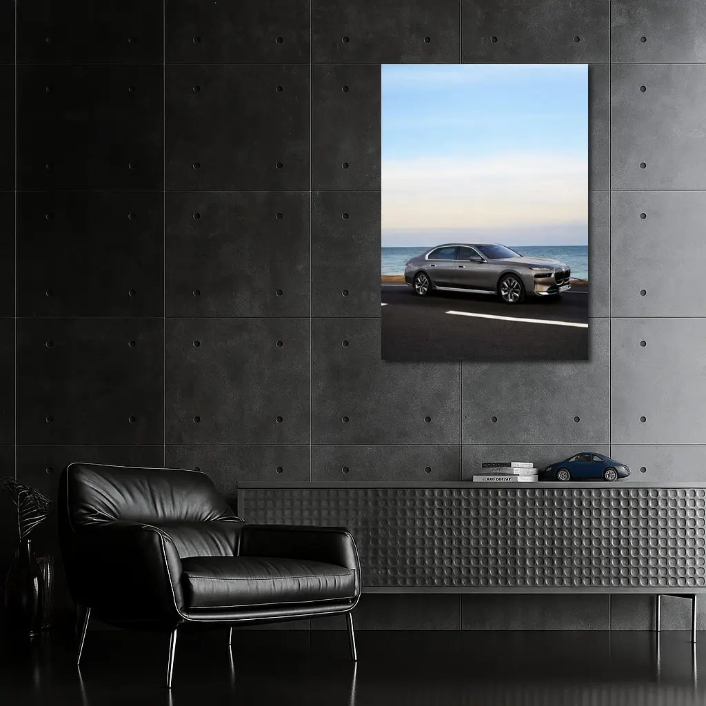BMW i7 Gray Sedan by the Ocean – Wall Art