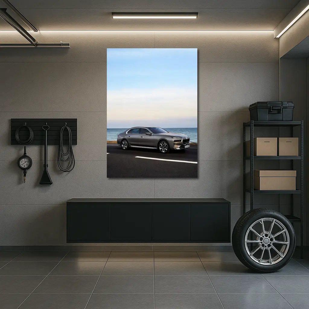 BMW i7 Gray Sedan by the Ocean – Wall Art