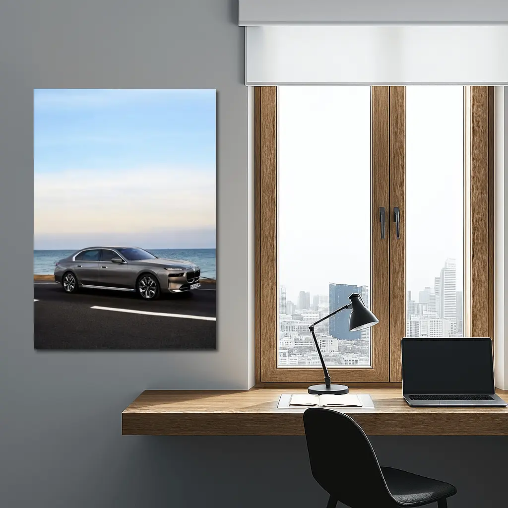 BMW i7 Gray Sedan by the Ocean – Wall Art