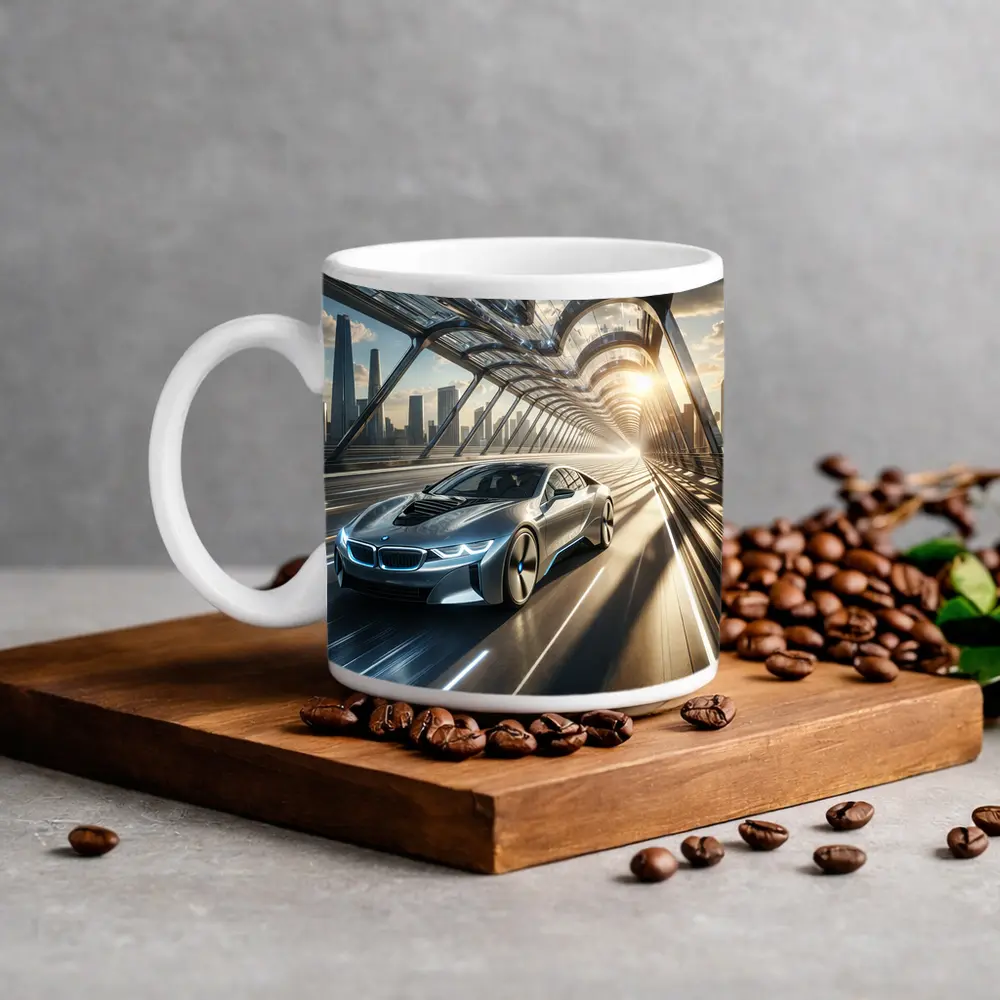 BMW i8 Racing Through Futuristic City Bridge – Mugs