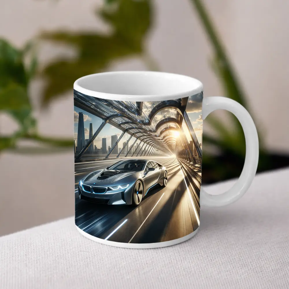 BMW i8 Racing Through Futuristic City Bridge – Mugs
