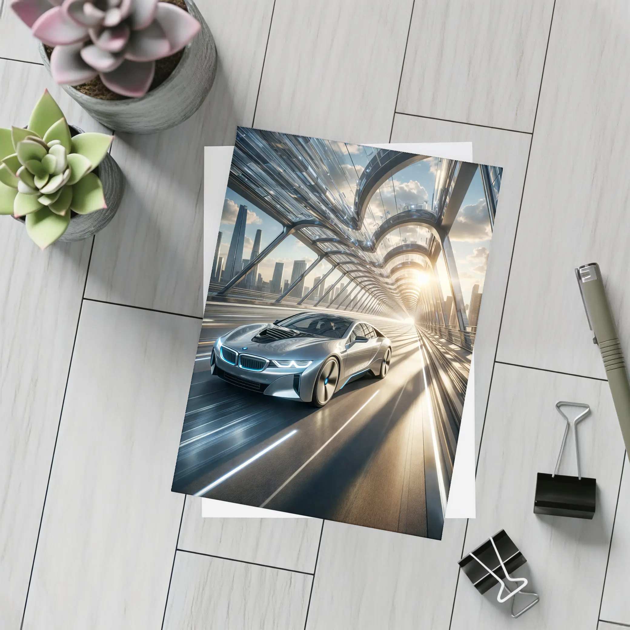 BMW i8 Racing Through Futuristic City Bridge – Postcards
