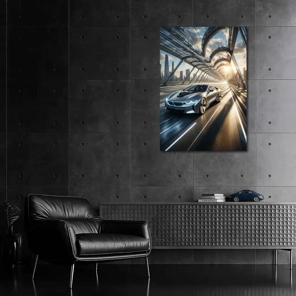 BMW i8 Racing Through Futuristic City Bridge – Wall Art