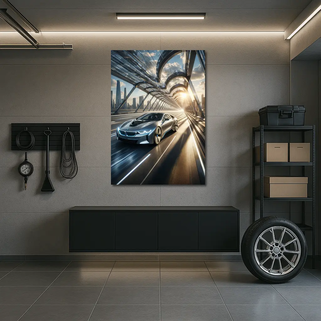 BMW i8 Racing Through Futuristic City Bridge – Wall Art