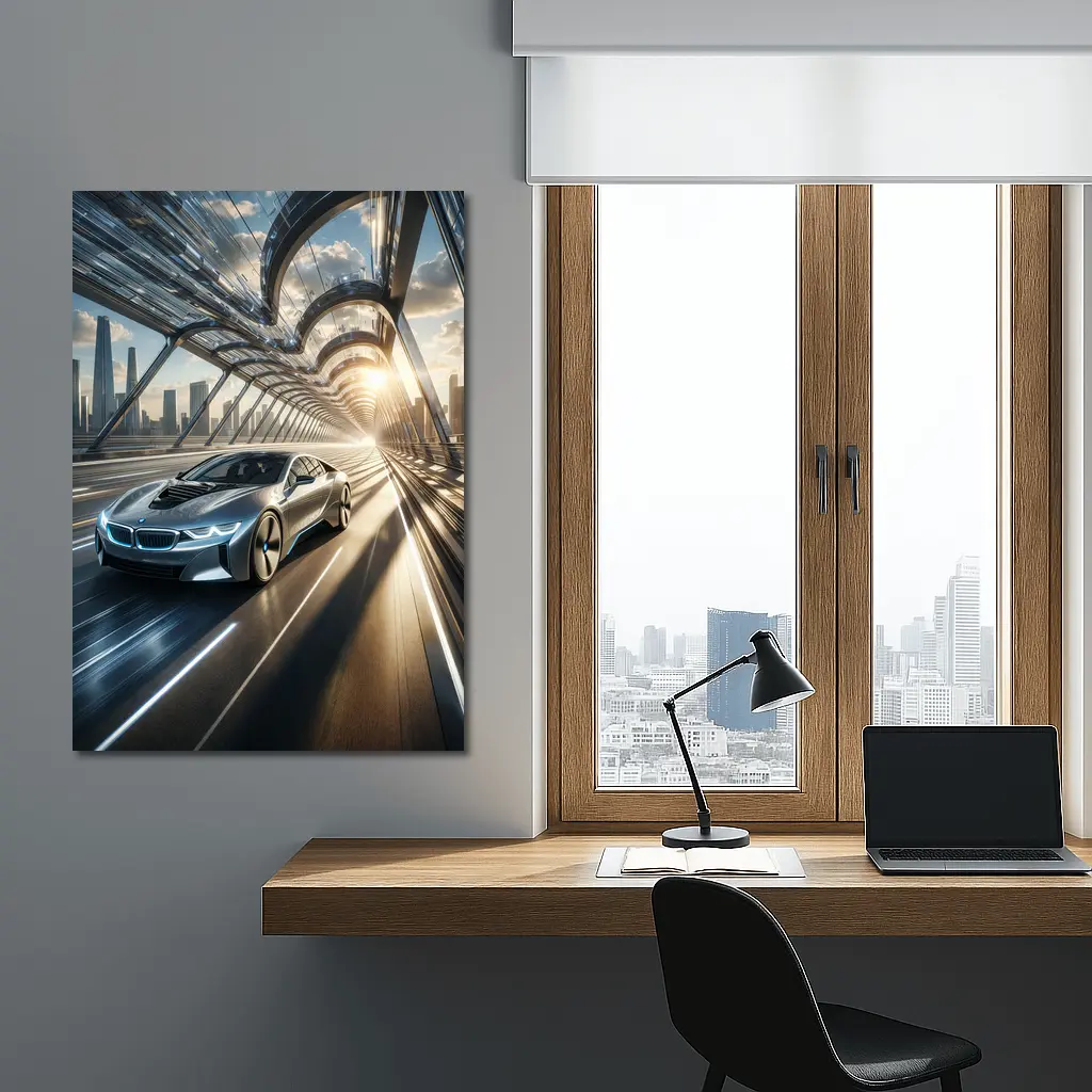 BMW i8 Racing Through Futuristic City Bridge – Wall Art
