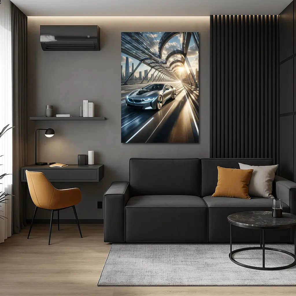 BMW i8 Racing Through Futuristic City Bridge – Wall Art