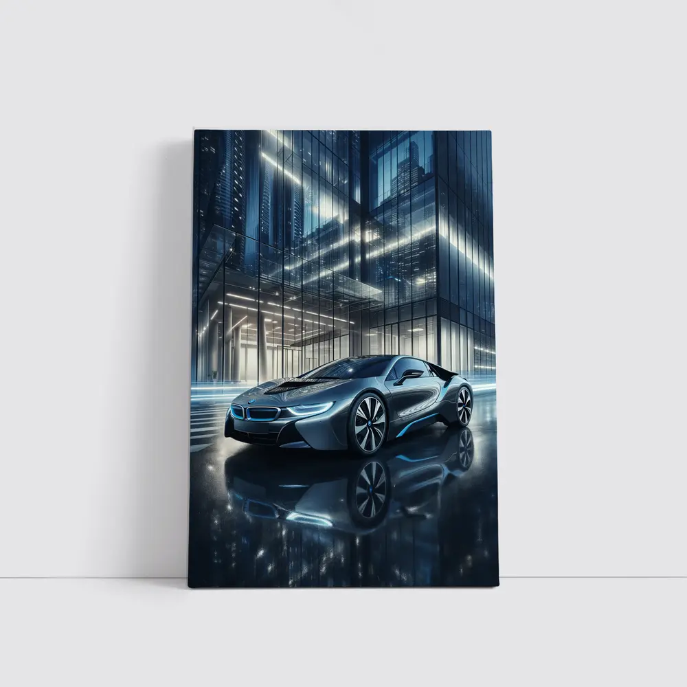 BMW i8 Parked Outside Glass City Building – Wall Art