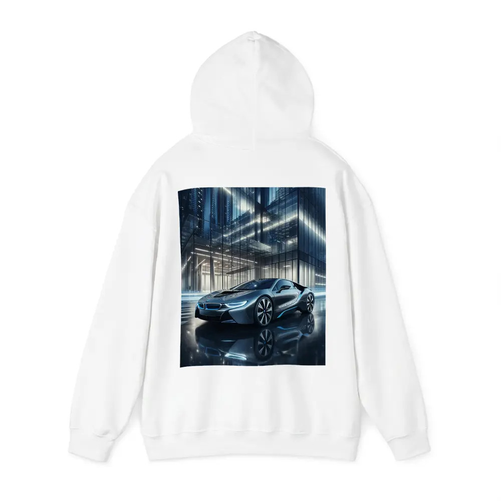 BMW i8 Parked Outside Glass City Building – Hoodies