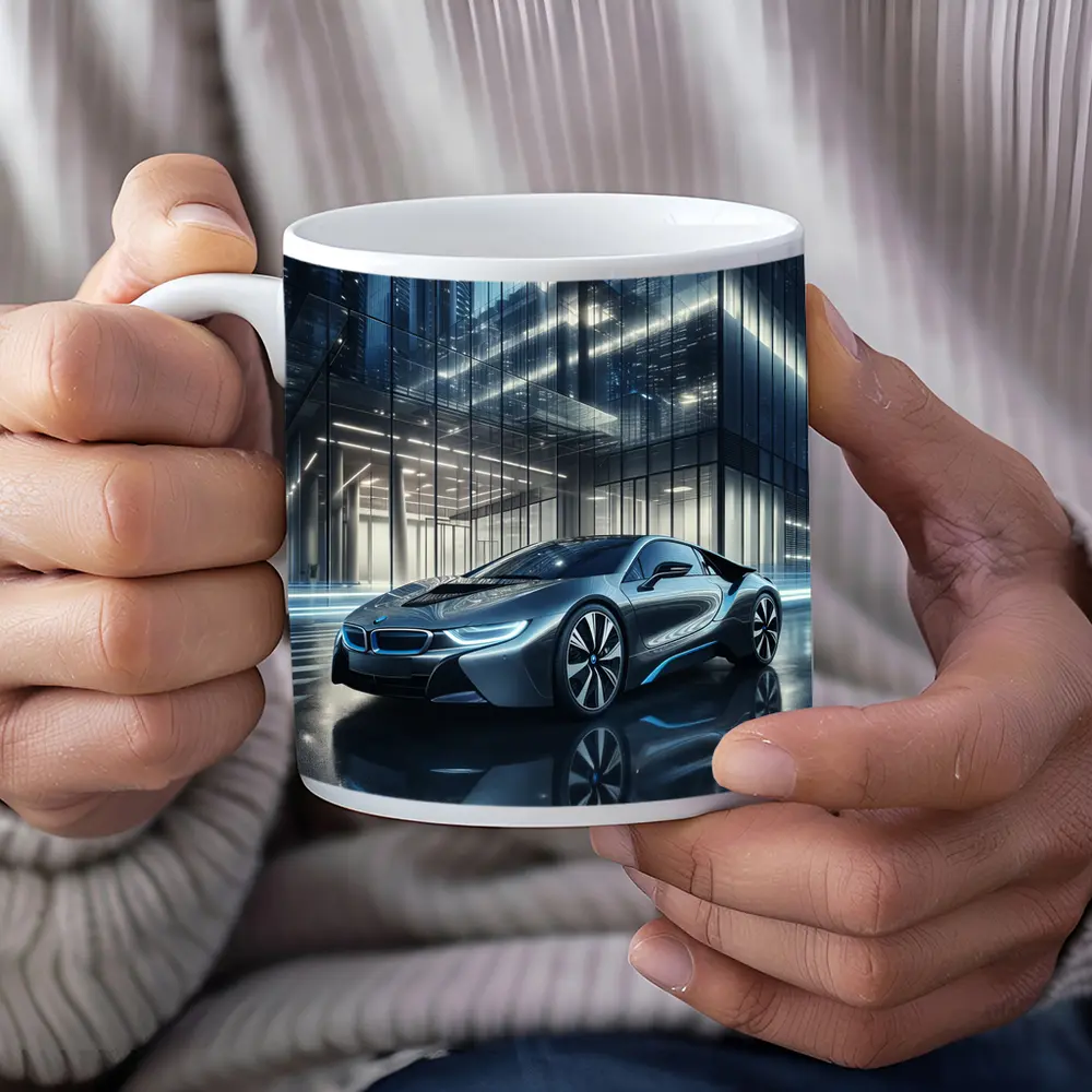 BMW i8 Parked Outside Glass City Building – Mugs