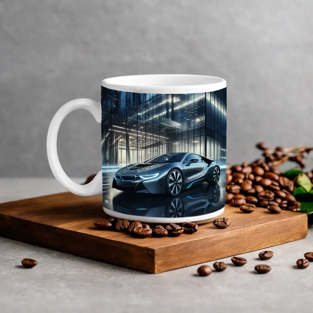 BMW i8 Parked Outside Glass City Building – Mugs