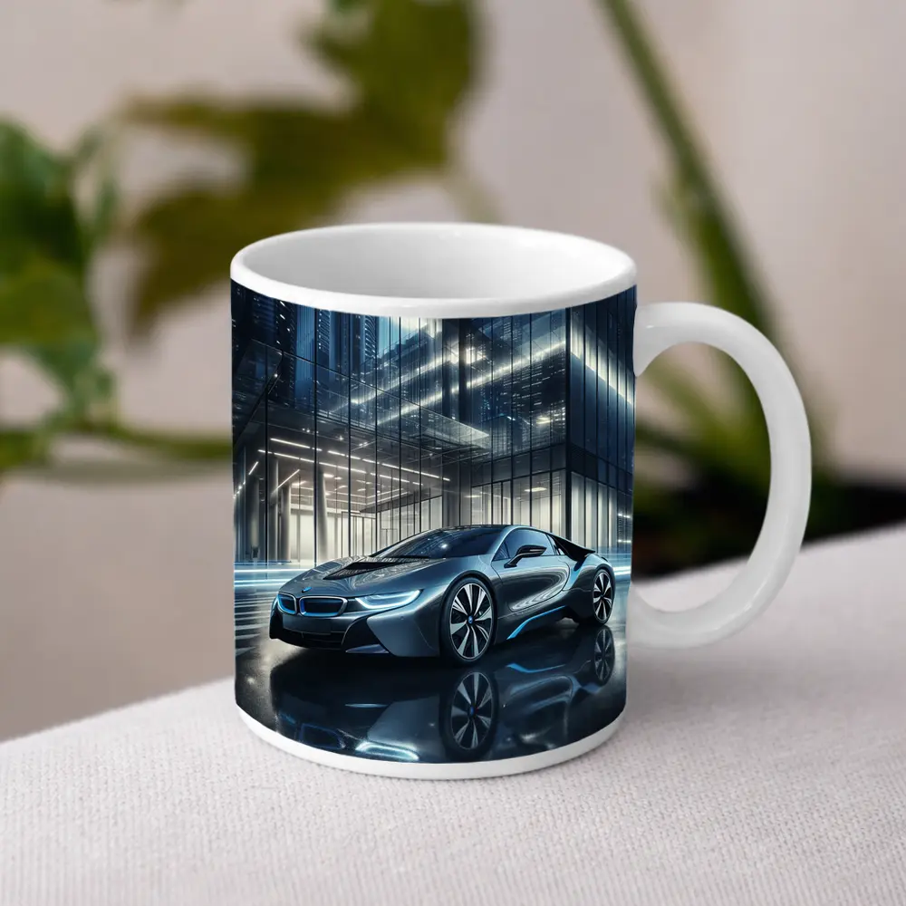 BMW i8 Parked Outside Glass City Building – Mugs