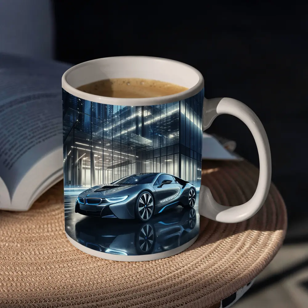 BMW i8 Parked Outside Glass City Building – Mugs
