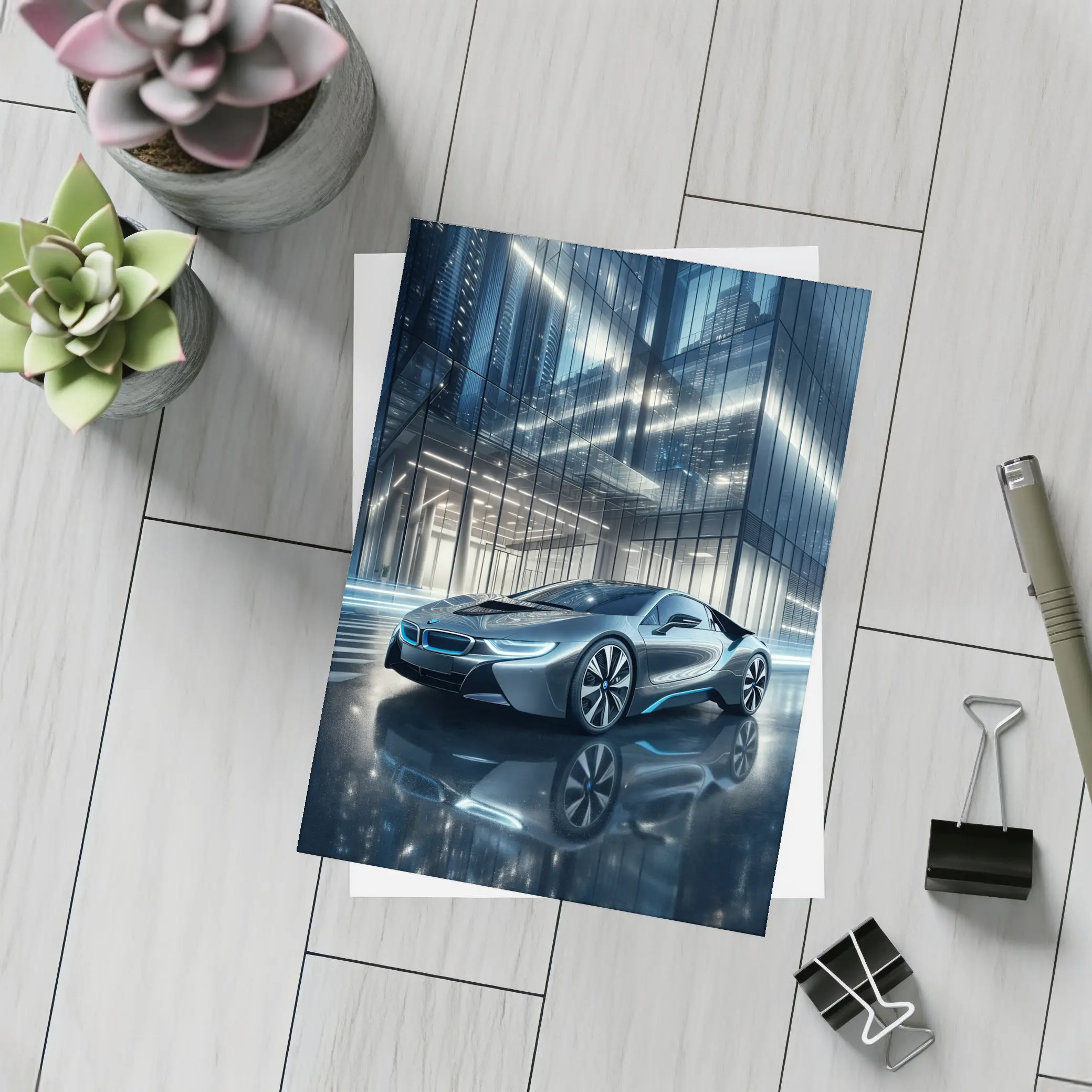 BMW i8 Parked Outside Glass City Building – Postcards