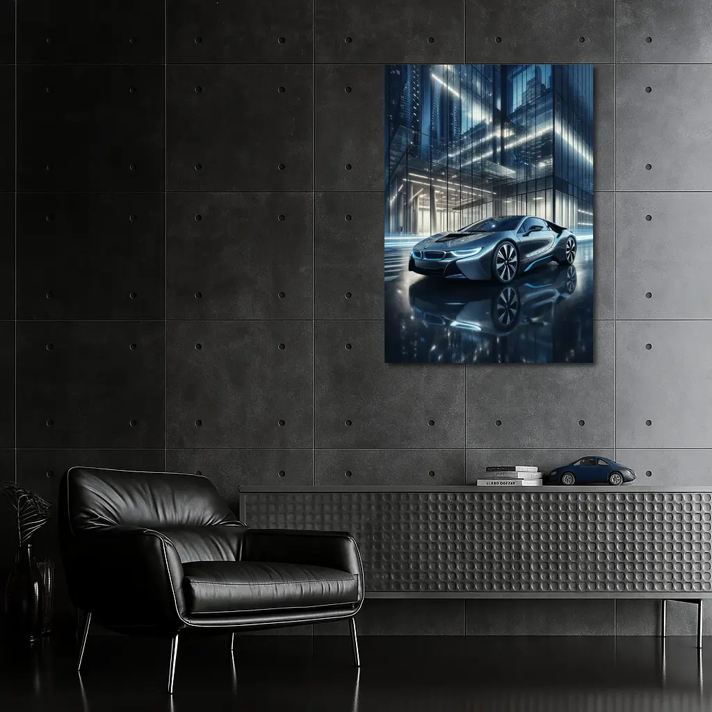 BMW i8 Parked Outside Glass City Building – Wall Art