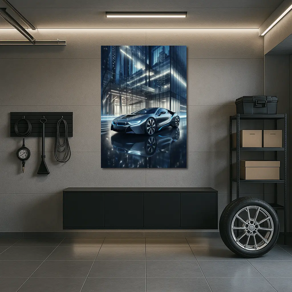 BMW i8 Parked Outside Glass City Building – Wall Art