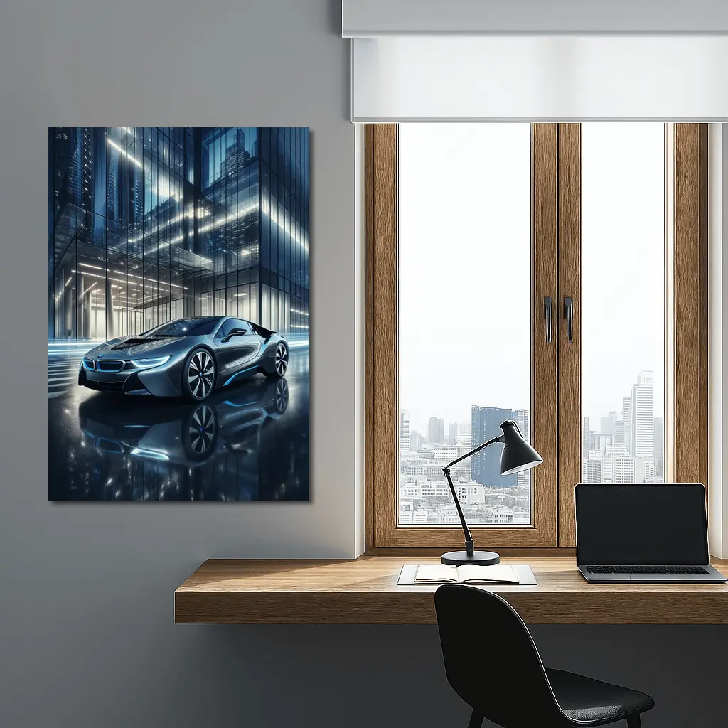 BMW i8 Parked Outside Glass City Building – Wall Art