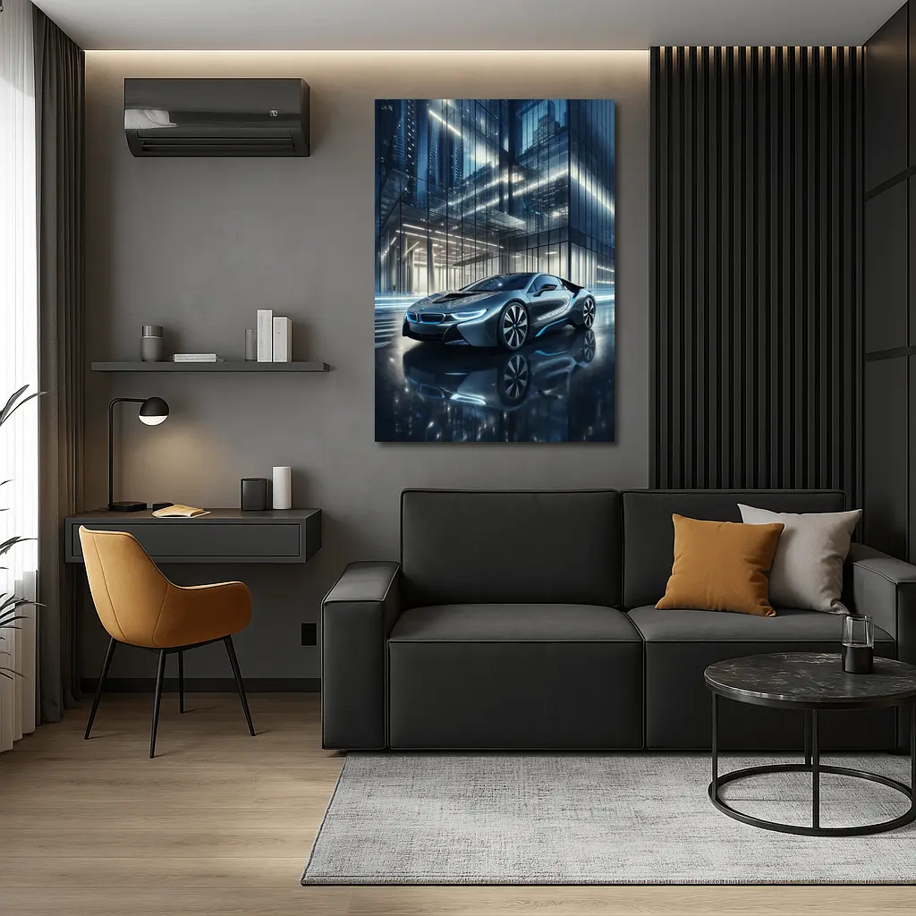 BMW i8 Parked Outside Glass City Building – Wall Art
