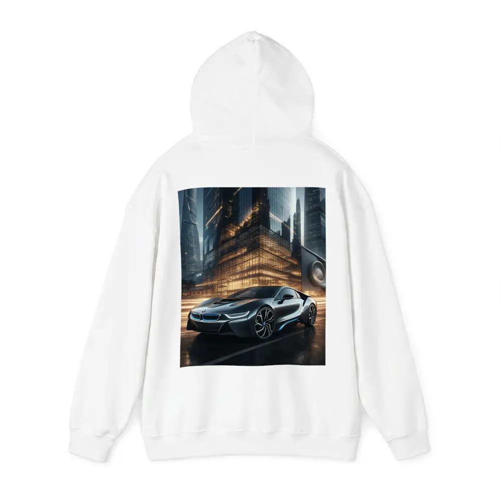 BMW i8 Parked Outside Futuristic Glass Skyscraper – Hoodies