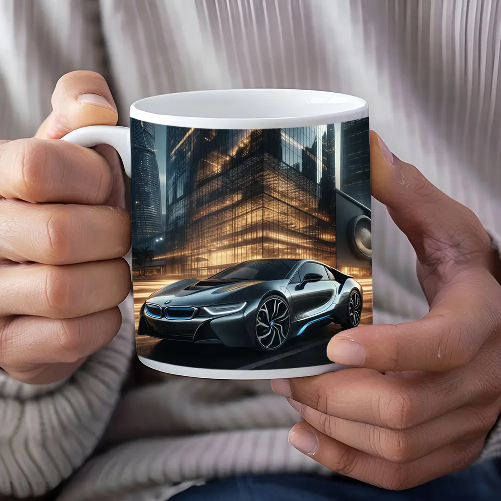 BMW i8 Parked Outside Futuristic Glass Skyscraper – Mugs